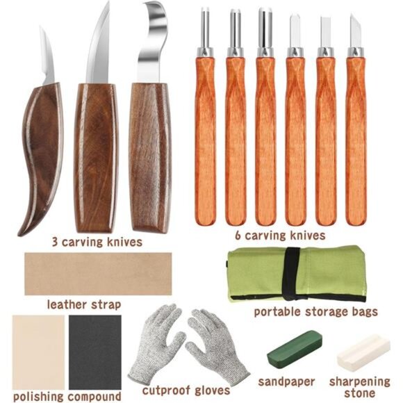 Wood Carving Kit, 17 Pack Wood Whittling Kit Hand Carving Knife Tools Set - Picture 2 of 8